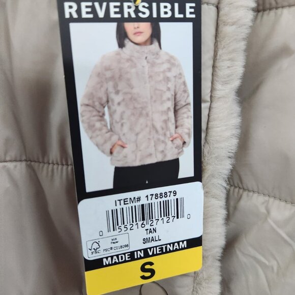 NWT Nicole Miller Reversible Faux Fur Puffer Jacket Tan Size Small - Picture 16 of 16